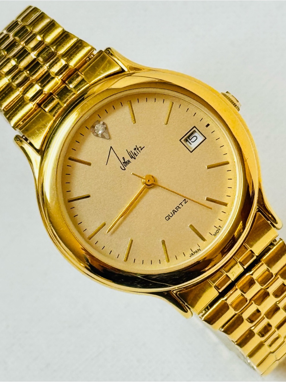 Vintage John Weitz Diamond Mens Date Watch 6.75"MAX Gold Stretch Bracelet LJW717